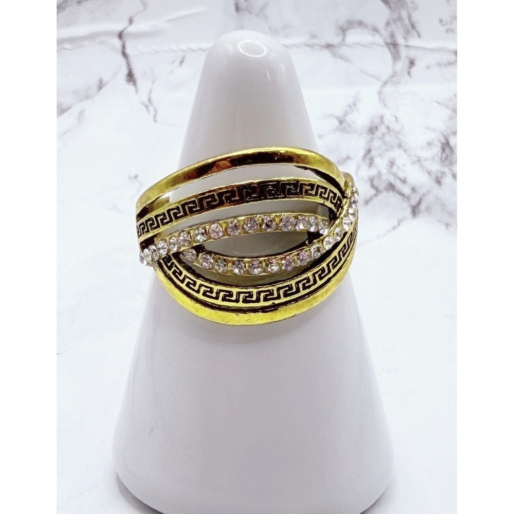 Gold Tone Greek Key Crossover Wide Band Ring Glass Stones Size 8.5